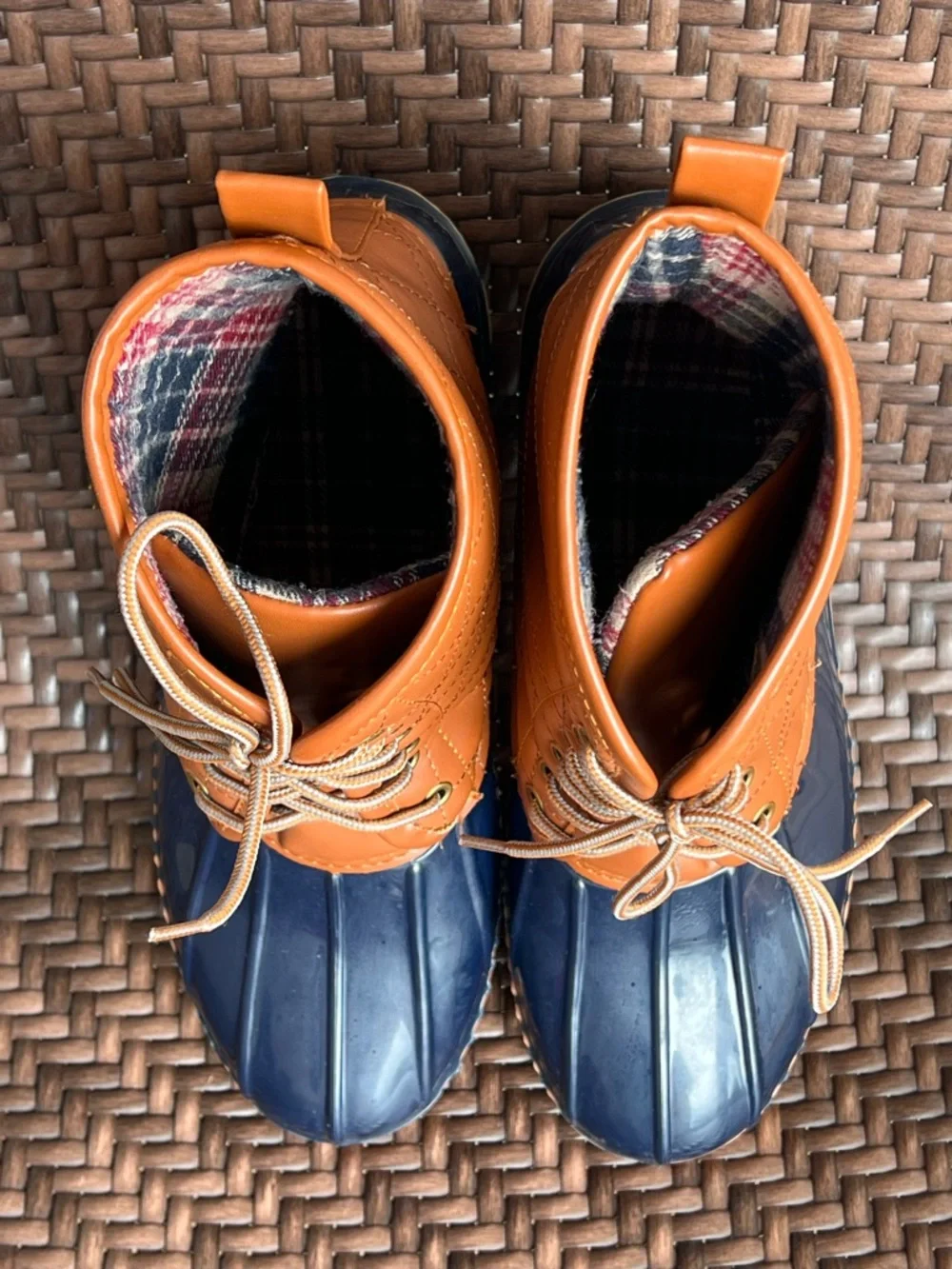 Quilted Winter Rubber Duck Boots Navy Tan Waterproof Flannel Lined Insulated 10